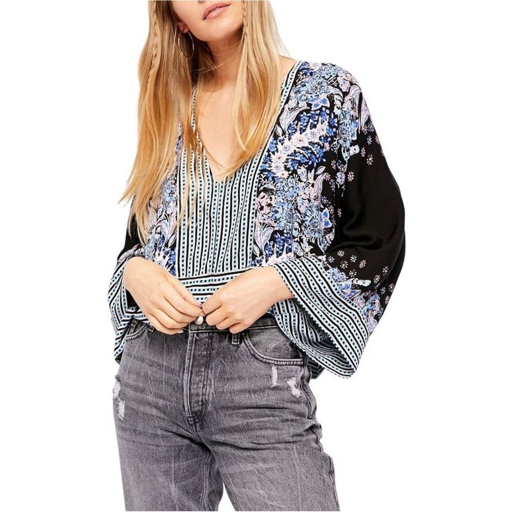 Free People Boho Floral Mixed Print Crop Top Blouse Size M - Picture 6 of 9